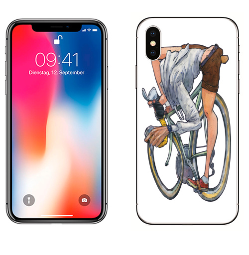 Наклейка на Телефон Apple iPhone X Бешеный велосипедист,  купить в Москве – интернет-магазин Allskins, шоссер, велосипед, борода, мужские, гонка, байк, счастье, веселый