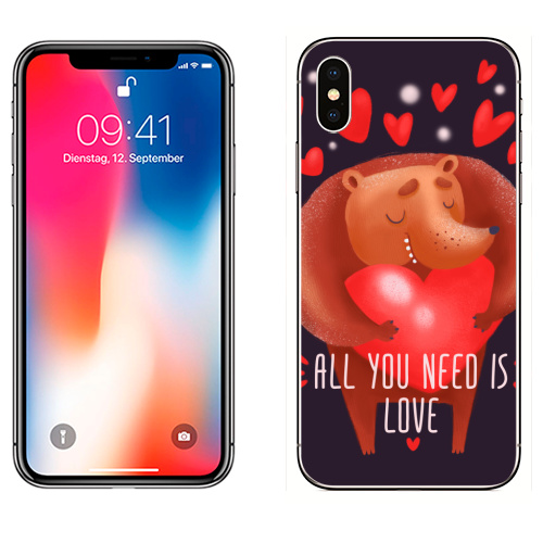 Наклейка на Телефон Apple iPhone X Медвежья Нежность,  купить в Москве – интернет-магазин Allskins, крутые животные, розовый, красный, влюблённым, нежно, сердце, любовь, медведь, 14 февраля, милые животные