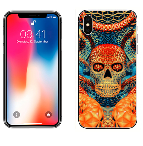 Наклейка на Телефон Apple iPhone X Бдд  - оранж,  купить в Москве – интернет-магазин Allskins, психоделика, череп, чудо, магия, узор, фракталы, оранжевый, геометрия, пространство