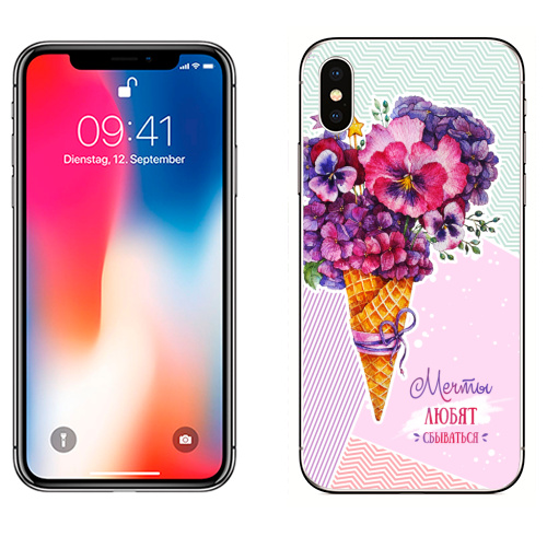 Наклейка на Телефон Apple iPhone X Цветочный рожок,  купить в Москве – интернет-магазин Allskins, надписи, анютыглазки, букет, цветокакварель, цветы, фиалки, гортензия, мороженоерожок, мороженое, акварель
