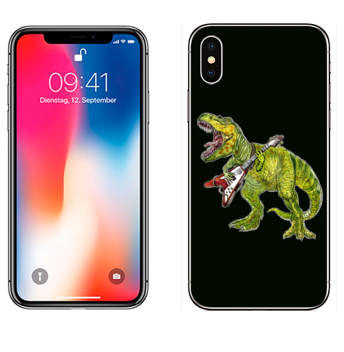 Наклейка на Телефон Apple iPhone X Хэви метал динозавр,  купить в Москве – интернет-магазин Allskins, rock, металл, музыка, музыкант, гитара, гитарист, динозавры