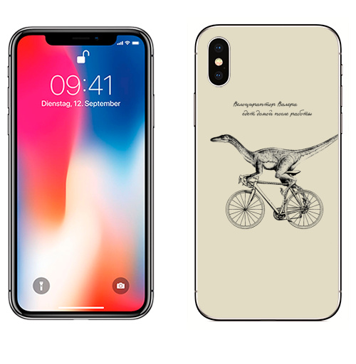 Наклейка на Телефон Apple iPhone X Велоцираптор Валера,  купить в Москве – интернет-магазин Allskins, велоцираптор, валера, велосипед, графика, надписи, сарказм, одноцветный, остроумно