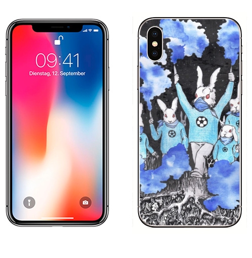 Наклейка на Телефон Apple iPhone X Кролики около футбола,  купить в Москве – интернет-магазин Allskins, кролики, заяц, футбол, футбольные_фанаты, болельщики