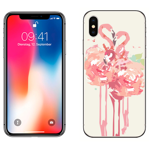 Наклейка на Телефон Apple iPhone X Три розовых фламинго,  купить в Москве – интернет-магазин Allskins, фламинго, птицы, цветы, спорта, животные, женский, подарки, прикольные_рисунки