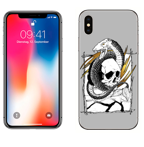 Наклейка на Телефон Apple iPhone X Змий с черепом,  купить в Москве – интернет-магазин Allskins, золото, змея, череп, графика, ручнаяработа