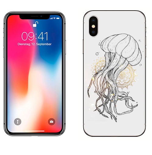Наклейка на Телефон Apple iPhone X Медуза и мандалы,  купить в Москве – интернет-магазин Allskins, мандала, узор, золото, медуза, графика, ручнаяработа