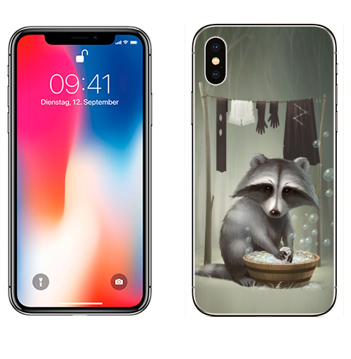 Наклейка на Телефон Apple iPhone X Енот полоскун,  купить в Москве – интернет-магазин Allskins, милые животные, прикол, животные, лес, пузырьки, мыльный, стирка, енот