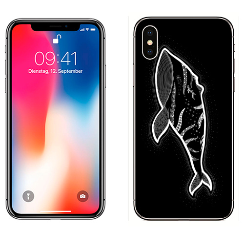 Наклейка на Телефон Apple iPhone X Кит с рожками,  купить в Москве – интернет-магазин Allskins, животные, этно, зентангл, дзен, дотворк, киты, морская, рожки