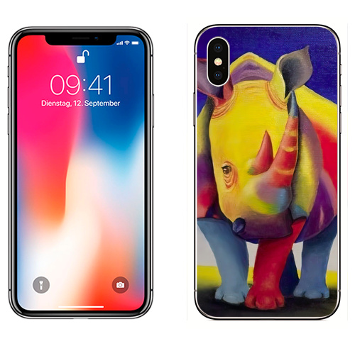 Наклейка на Телефон Apple iPhone X Веселый Носорог,  купить в Москве – интернет-магазин Allskins, животные, абстракция, оригинальная, носорог, африка, рог, разноцветное, желтый, синий, кожа, надписи