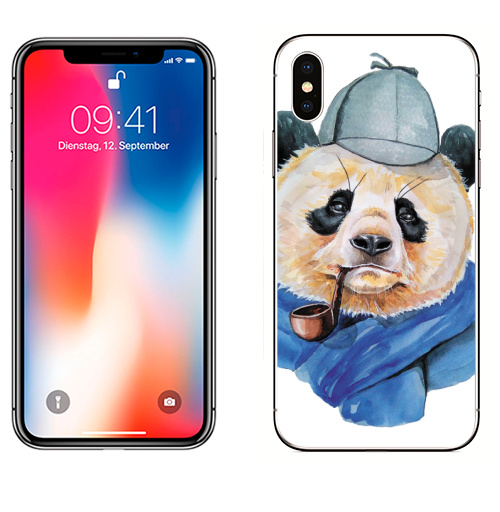 Наклейка на Телефон Apple iPhone X Шерлок Панда Холмс,  купить в Москве – интернет-магазин Allskins, крутые животные, панда, панды, трубка, шляпа, животные, милые животные