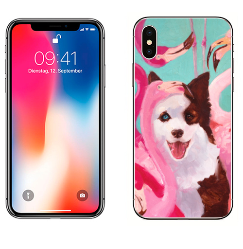 Наклейка на Телефон Apple iPhone X Фламинго и собака,  купить в Москве – интернет-магазин Allskins, розовый, птицы, фламинго, собаки, животные