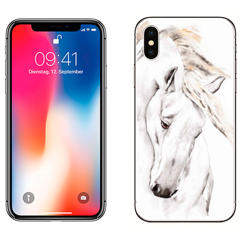 Наклейка на Телефон Apple iPhone X Белая лошадь,  купить в Москве – интернет-магазин Allskins, животные, акварель, лошадь, белый, грива, синий