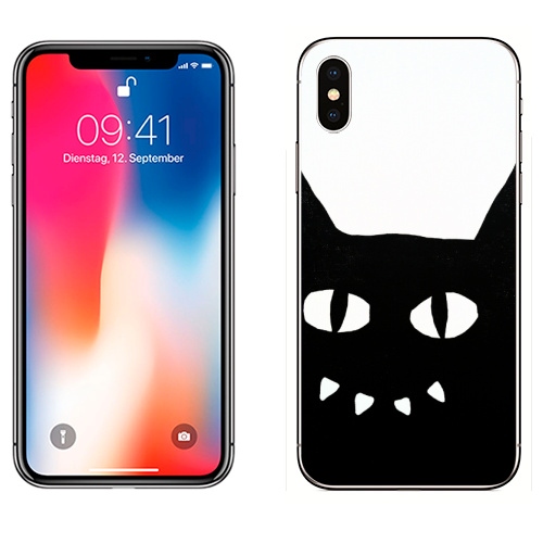 Наклейка на Телефон Apple iPhone X Черный кот на белом.,  купить в Москве – интернет-магазин Allskins, черно-белое, животные, черный, черныйкот, улыбка, кошка, Глазищи