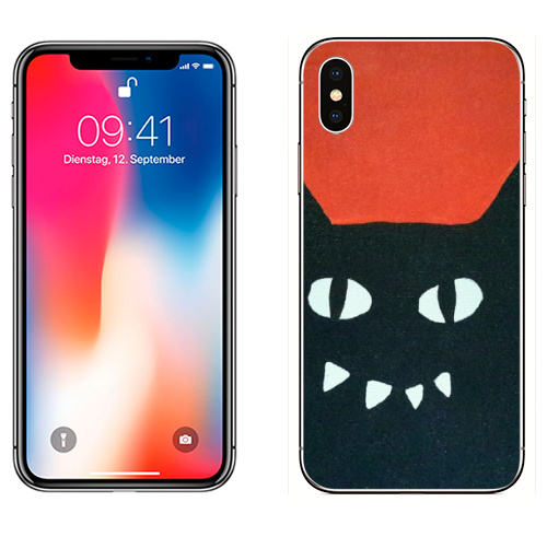 Наклейка на Телефон Apple iPhone X Черный кот на красном.,  купить в Москве – интернет-магазин Allskins, кошка, животные, Красночерный, черный, черныйкот, красный, Глазищи, зубастый