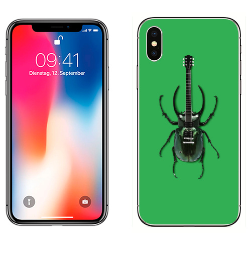 Наклейка на Телефон Apple iPhone X Музыка насекомых,  купить в Москве – интернет-магазин Allskins, жук, насекомые, гитара, зеленый, музыка, природа, поп-арт, сюрреализм