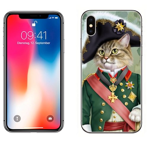Наклейка на Телефон Apple iPhone X Кот-полководец,  купить в Москве – интернет-магазин Allskins, костюм, ретро, кошка, полководец