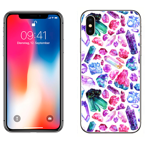 Наклейка на Телефон Apple iPhone X Кристальный паттерн,  купить в Москве – интернет-магазин Allskins, иллюстация, акварель, яркий, фиолетовый, розовый, камни, кристалл