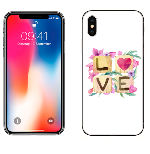 Наклейка на Телефон Apple iPhone X Любовь в квадрате,  купить в Москве – интернет-магазин Allskins, иллюстация, акварель, розовый, охра, сердце, любовь, день_святого_валентина