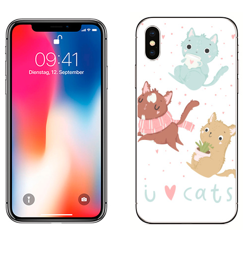 Наклейка на Телефон Apple iPhone X Я люблю котеек,  купить в Москве – интернет-магазин Allskins, котята, кошка, цветы, любовь, розовый, чай и кофе, мило, животные