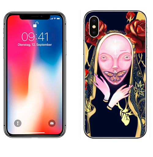 Наклейка на Телефон Apple iPhone X Инсомния,  купить в Москве – интернет-магазин Allskins, красота, современное, демоны, кукла, ба, бабачка, розы, руки, накидка, человек