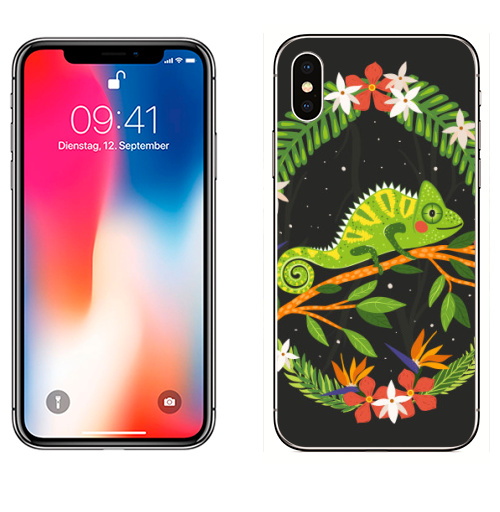 Наклейка на Телефон Apple iPhone X Тропический хамелеон,  купить в Москве – интернет-магазин Allskins, тропики, отпуск, лето, рептилия, хамелеон, цветы, листья, пальма, зеленый, ветви