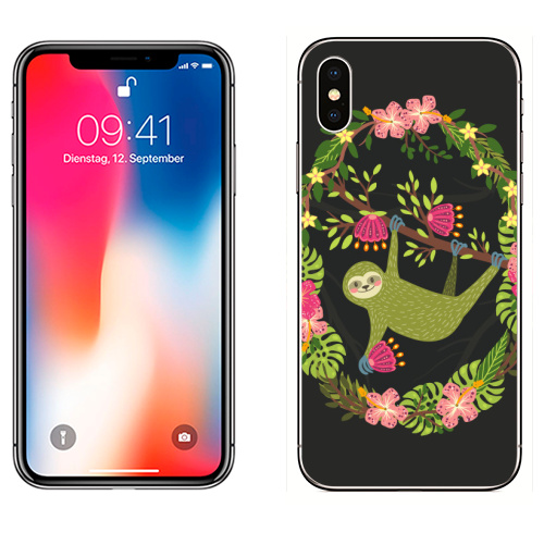 Наклейка на Телефон Apple iPhone X Зеленый ленивец,  купить в Москве – интернет-магазин Allskins, ленивец, зеленый, чувства, тропики, цветы, листья, монстера, розовый, шерсть, веселый