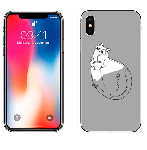 Наклейка на Телефон Apple iPhone X Отдыхающий кот Мамбл,  купить в Москве – интернет-магазин Allskins, кошка, комиксы, лайнворк, монохром, алкоголь, мило, забавный, белый, пухлый