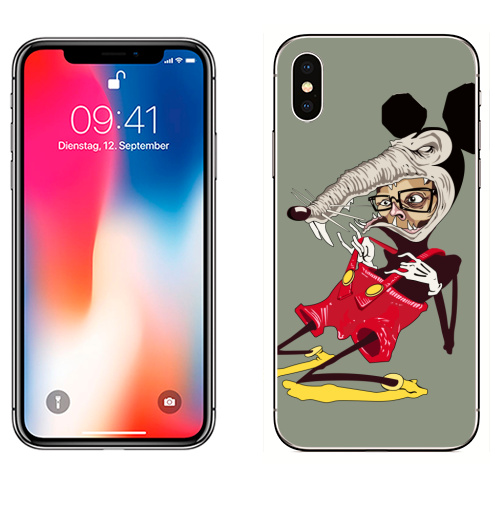 Наклейка на Телефон Apple iPhone X Потребитель – жертва капитализма.,  купить в Москве – интернет-магазин Allskins, микки, Капитал, костюм, человек, мышь, красный, черный, желтый, очки, очкарик