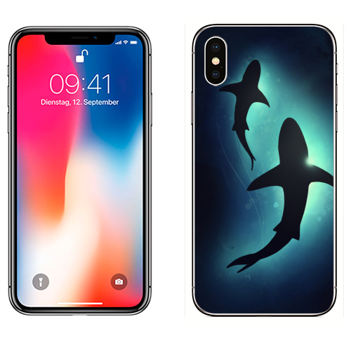 Наклейка на Телефон Apple iPhone X Черные акулы,  купить в Москве – интернет-магазин Allskins, брызги, акварель, иллюстация, паттерн, солнце, вода, оекан, морская, рыба, акула
