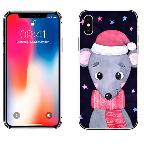 Наклейка на Телефон Apple iPhone X Новогодняя мышка,  купить в Москве – интернет-магазин Allskins, крутые животные, мило, годмыши, крысы, новогоднеенастроение, новый год, мышь