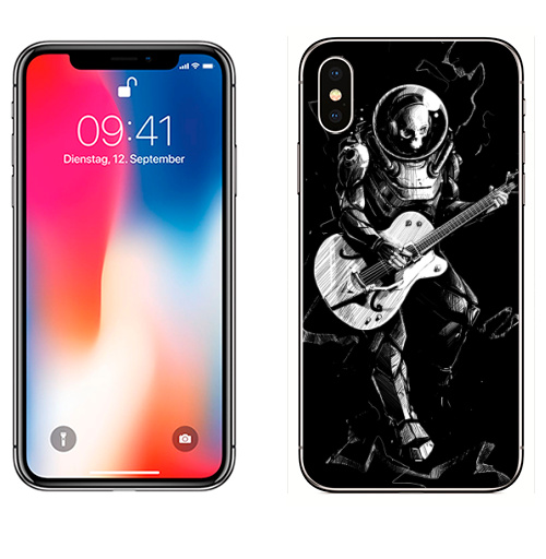 Наклейка на Телефон Apple iPhone X Космический бард,  купить в Москве – интернет-магазин Allskins, скелет, космос, гитара, темнота, шлем
