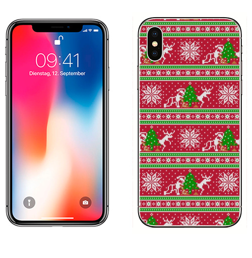 Наклейка на Телефон Apple iPhone X Плохой Санта и его олень,  купить в Москве – интернет-магазин Allskins, новый год, зима, узор, дед_мороз, олень, вязание, свитер_с_оленями, свитер
