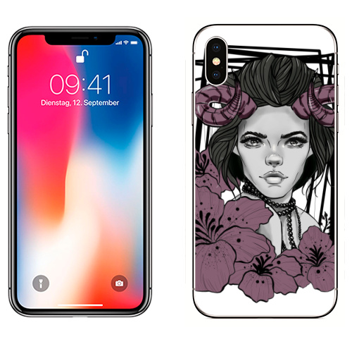 Наклейка на Телефон Apple iPhone X Девушка рога цветы,  купить в Москве – интернет-магазин Allskins, рогатый, девушка, мистика, цветы, графика, графические, красота, портреты, черный