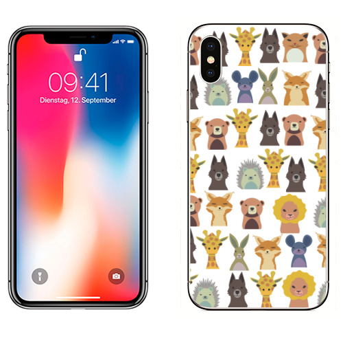Наклейка на Телефон Apple iPhone X Милый зверинец,  купить в Москве – интернет-магазин Allskins, зверинец, мило, ежик, собаки, зайчонок, медведь, заяц, лев, жираф, животные, скопление, много, головы, бюст, милые животные