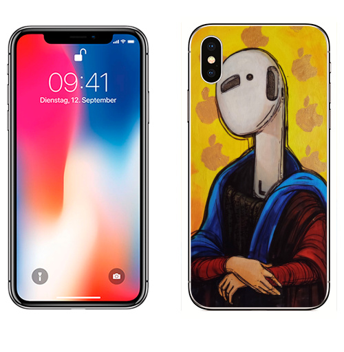 Наклейка на Телефон Apple iPhone X Моно Лиза,  купить в Москве – интернет-магазин Allskins, поп-арт, желтый, смартфон, эйрподс, айфон, мона лиза, портреты, остроумно