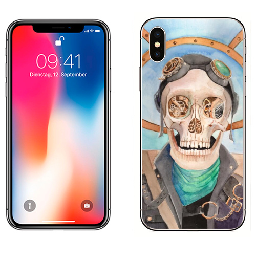 Наклейка на Телефон Apple iPhone X Скелет-пилот,  купить в Москве – интернет-магазин Allskins, мистика, череп, стимпанк, скелет, полёт, самолет