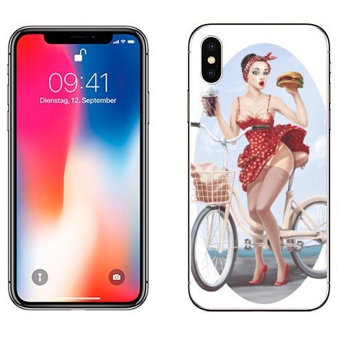 Наклейка на Телефон Apple iPhone X Девушка кушает бургер на велосипеде,  купить в Москве – интернет-магазин Allskins, девушка, бургер, велосипед, гозировка, платье, пин ап, красный, губы, горошек, позитив, веселый, радость, еда