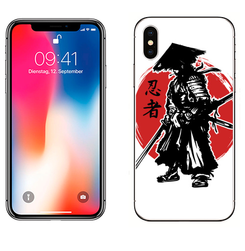 Наклейка на Телефон Apple iPhone X Ронин, японский воин с катаной,  купить в Москве – интернет-магазин Allskins, иероглифы, katana, Ронин, клякса, самурай, Япония, поп-арт