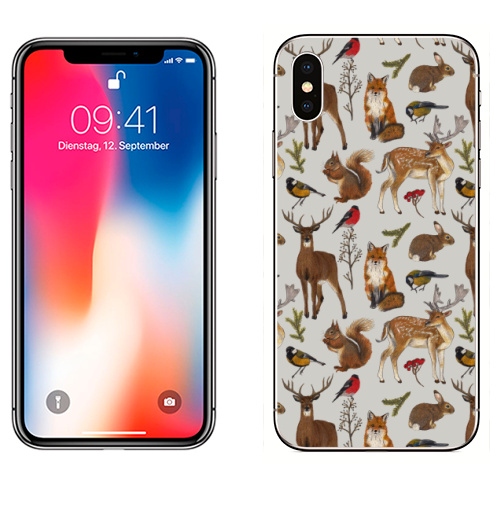 Наклейка на Телефон Apple iPhone X Рождественские лесные звери.,  купить в Москве – интернет-магазин Allskins, лесные животные, лес, животные, олень, белка, лиса, новый год