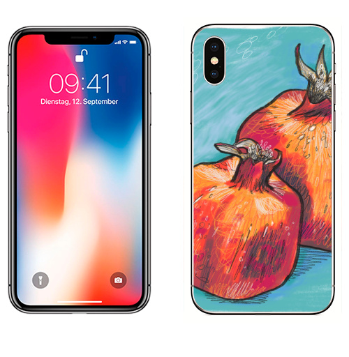Наклейка на Телефон Apple iPhone X Два граната,  купить в Москве – интернет-магазин Allskins, поп-арт, фрукты, гранат, скетч, яркий, контраст, красный, цифровая, графика, иллюстация, квадрат, диджитал, экспрессия, цвет