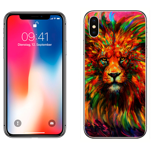 Наклейка на Телефон Apple iPhone X Лев красочный,  купить в Москве – интернет-магазин Allskins, классика, лев, абстракция, яркий, цветнойпринт, животные, глаз, сила, король, зверушки