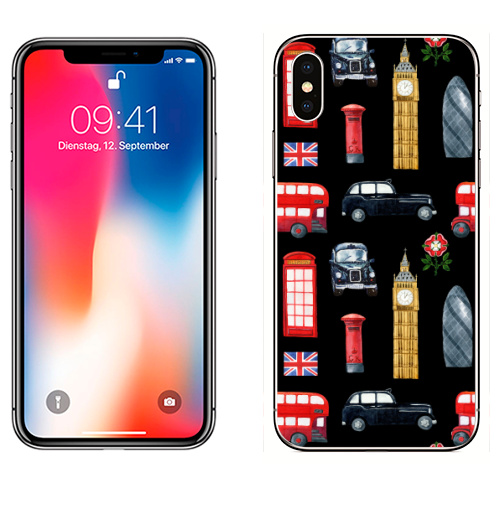 Наклейка на Телефон Apple iPhone X Лондон и его символы,  купить в Москве – интернет-магазин Allskins, Англия, черный, красный, бигбэн, автобус, такси, черный кеб