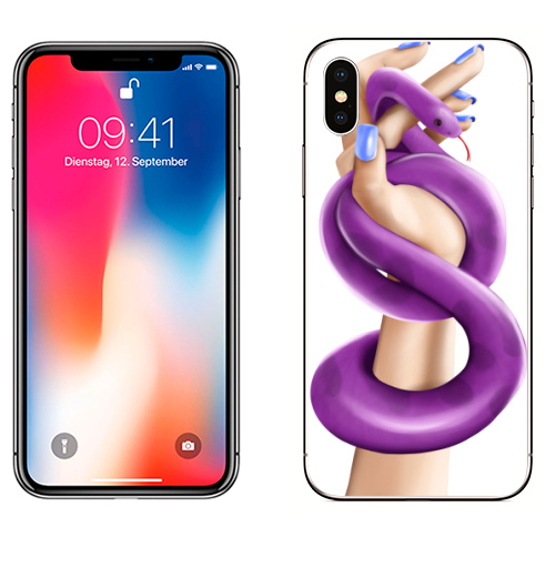 Наклейка на Телефон Apple iPhone X Змея фуксия в женской власти,  купить в Москве – интернет-магазин Allskins, девушка, руки, фиолетовый, фуксия, нежно, хэллоуин, змея