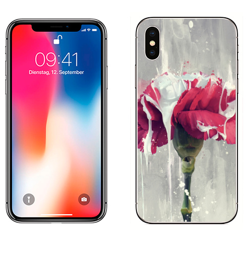 Наклейка на Телефон Apple iPhone X Цветок в краске,  купить в Москве – интернет-магазин Allskins, Цветочек, красный, графика, рисунки, природа, краски, брызги, пятна, акварель, стебель, бутон, дизайнерская, мягкая, концепт, стильное, белый, лепестки, декоративный, мазки