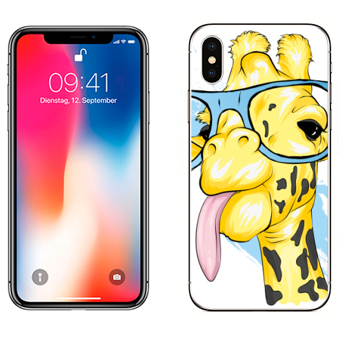 Наклейка на Телефон Apple iPhone X Жираф в очках,  купить в Москве – интернет-магазин Allskins, стритарт, жираф, очки, safari, животное, длинная шея, африканский