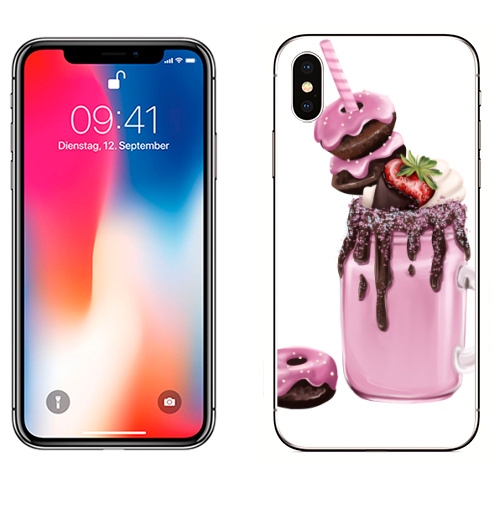 Наклейка на Телефон Apple iPhone X Розовый коктейль,  купить в Москве – интернет-магазин Allskins, розовый, напиток, коктейль, любовь, солнце, жара, морская, соблазн, клубника, шоколад, пончики, лёд, крем, сливки, вкусняшки