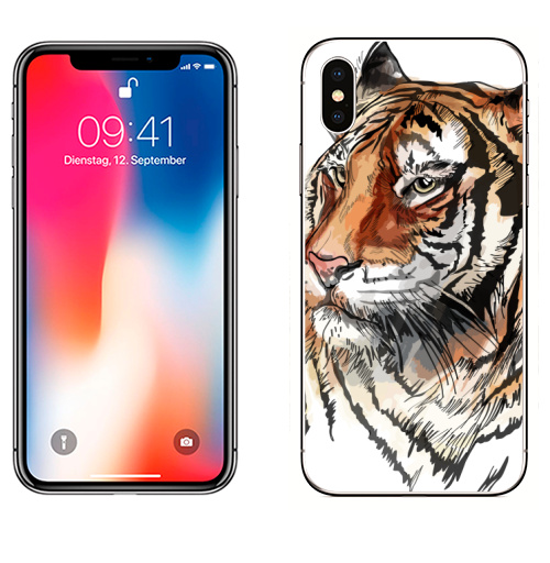 Наклейка на Телефон Apple iPhone X Тигр - Принтериум,  купить в Москве – интернет-магазин Allskins, тигры, тигра, кошка, тигриный, Тигрица, полоски, полосатая, джунгли, тропики