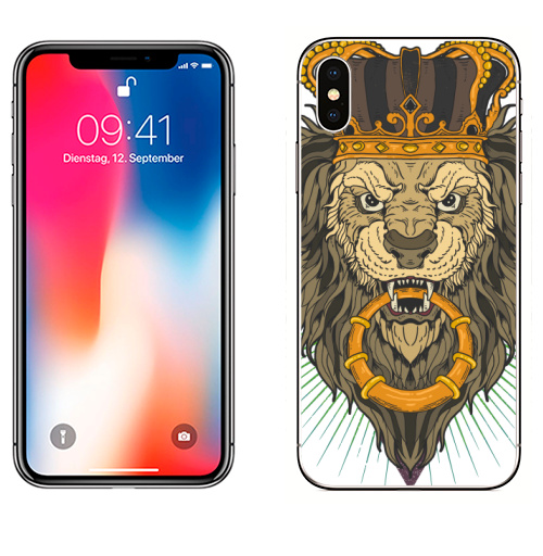 Наклейка на Телефон Apple iPhone X Лев в короне,  купить в Москве – интернет-магазин Allskins, лев, король, зверьки, корона, золото, Империя, царство, королевство, королевский
