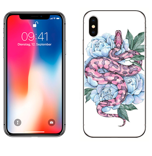 Наклейка на Телефон Apple iPhone X Змея и голубые пионы,  купить в Москве – интернет-магазин Allskins, змея, татуировки, пион, цветы, ботаника, акварель, нежно, лес, розовый, голубой, дерзкий, летний, зеленые, рептилии