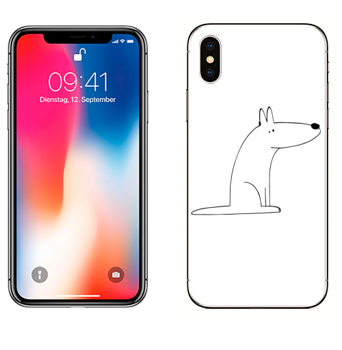 Наклейка на Телефон Apple iPhone X Собака сидит,  купить в Москве – интернет-магазин Allskins, собакаулыбака, собаки, волк, линейное, графика, белаясобака, животное, Смотрящий, природа, лаконичное, персонажи, детские, мужские, ветеринар